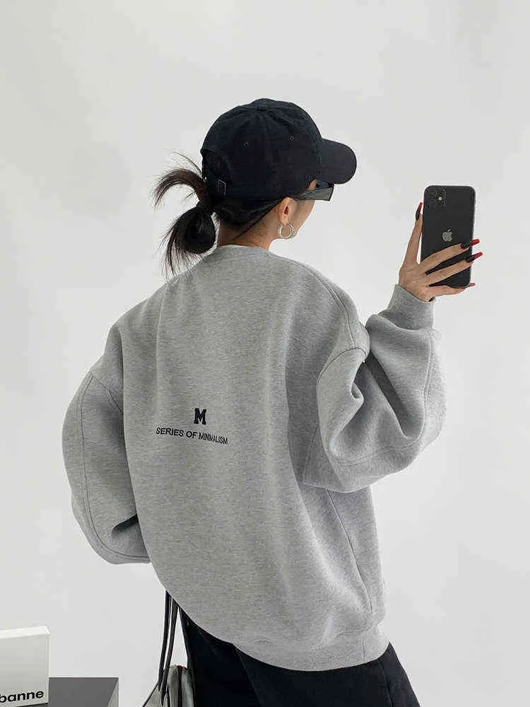 Embroidered Compound Round Neck Plain Hoodie Women's Spring And Autumn New Loose All-match Gray neutral Long-sleeved Top Female T220726