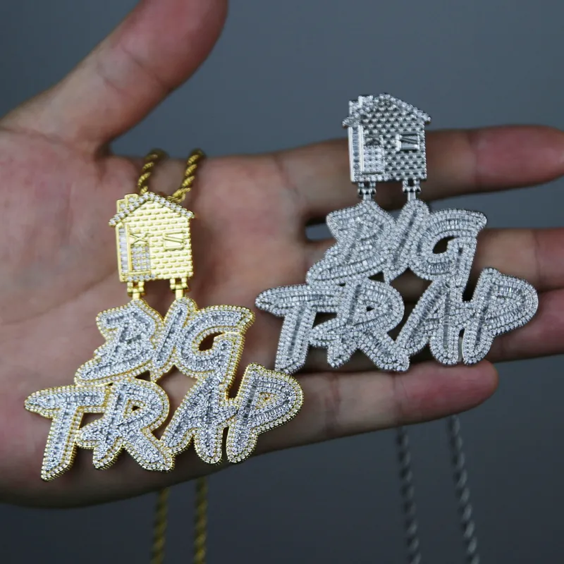 Iced out carta grande armadilha com pingente de casa pavimentar zircão cúbico completo caber corrente cubana hip hop colar jóias whole248c