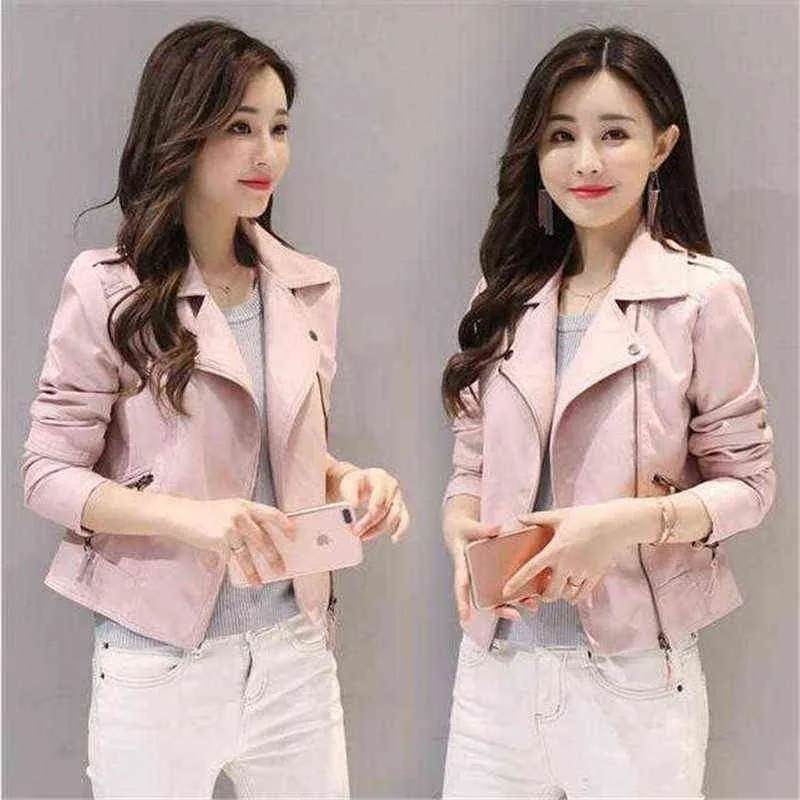 2019 new spring and autumn women's leather jacket women's short fashion slim pink pu small coat motorcycle leather jacket S-4XL L220728