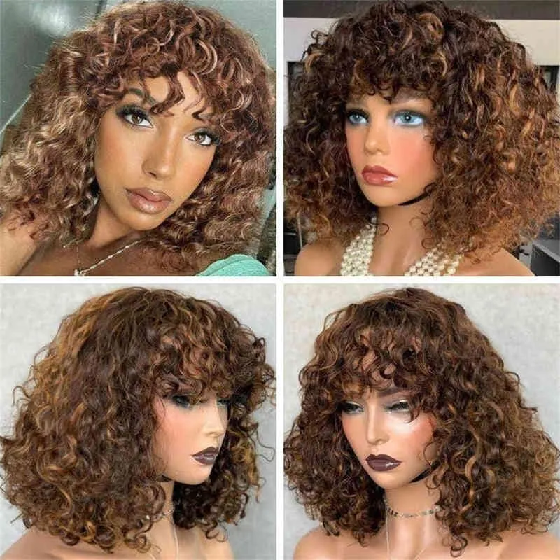 Parrucche capelli Ricci con frangia Brasiliana Remy Highlight Honey Blonde Human Black Women Machine Made with 220722