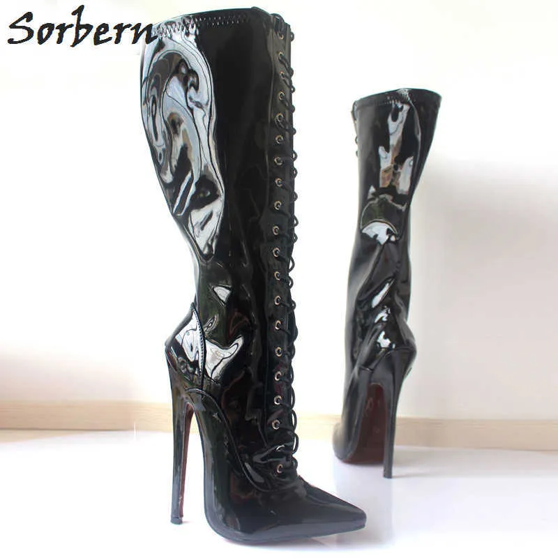 Sorbern Knee High Women Boots 플러스 사이즈 레이스 높은 18cm 발 뒤꿈치가 뾰족한 발가락 진짜 이미지 특허 가죽 신발 여성 부츠 36-46