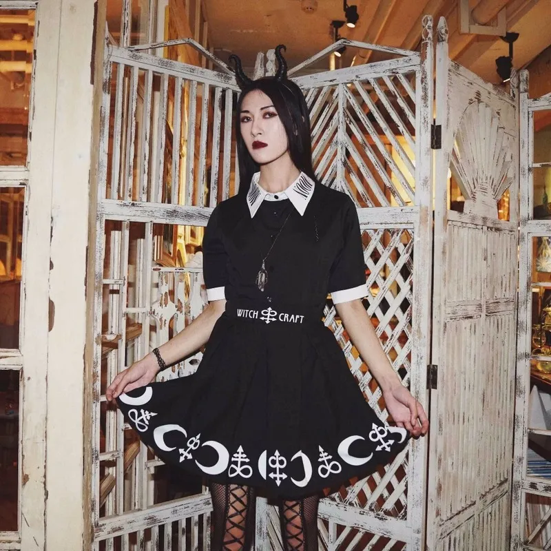 Harajuku punk rock saia gótica mulheres negras lua bruxa impressa cintura alta estrela cintura goth plissado emo alt y2k mini saias 220322