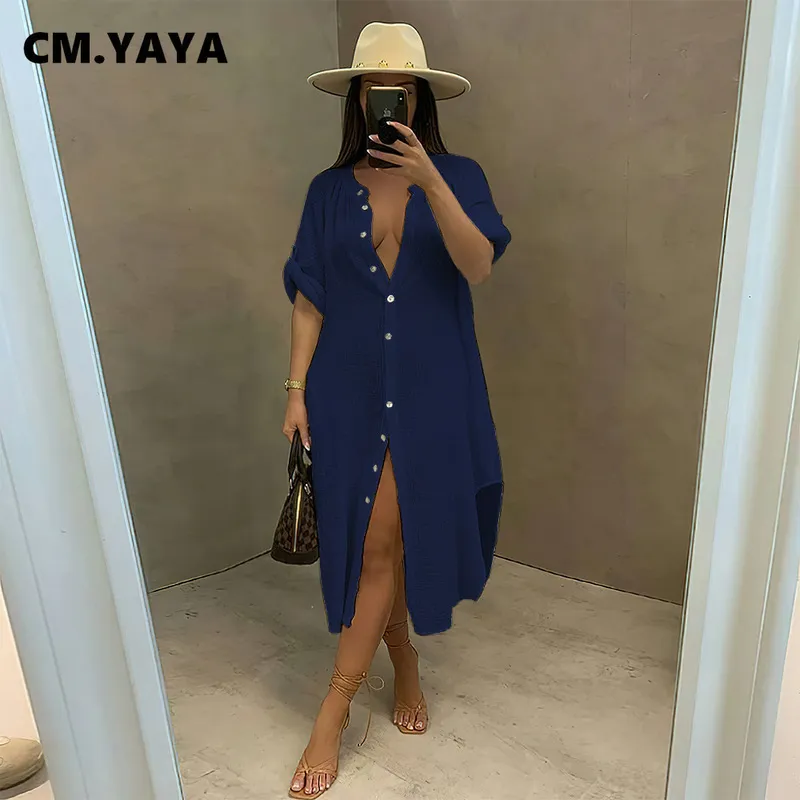 CM.YAYA Women Solid Button Up Elegant Blouse and Shirt Style Dress 220516