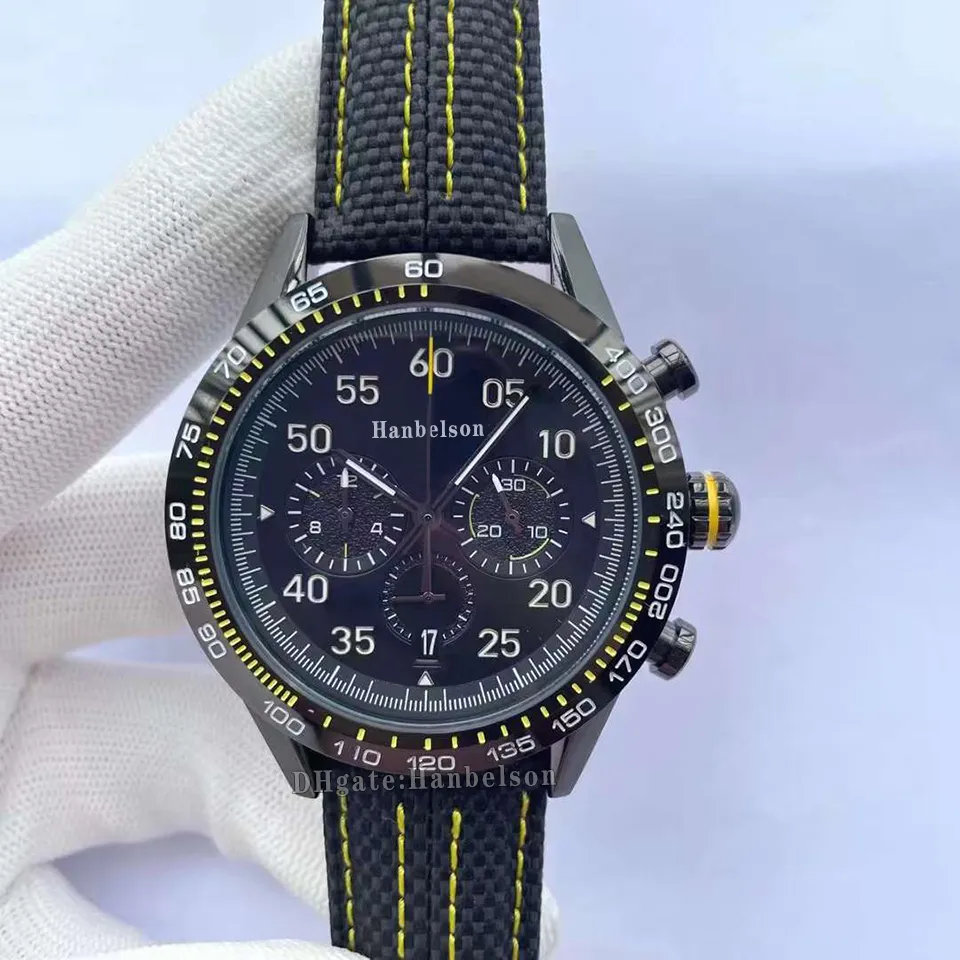 Herenhorloges sport racestijl VK Quartz uurwerk Uhr Zwart gezicht Chronograaf lederen armband 44 mm Horloges Hanbelson212T