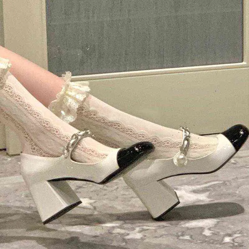 Женские туфли Мэри Джейн в стиле ретро, новинка 2022 года, туфли на высоком каблуке с французским квадратным носком, маленькие кожаные туфли, туфли из лакированной кожи на толстом каблуке, G220425