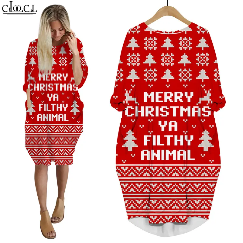 Santa Claus HO Kleid 3D Gedruckt Baggy Frauen Kleider Langarm Weibliche Kleid Taschen Kleider für Party und Weihnachten W220616