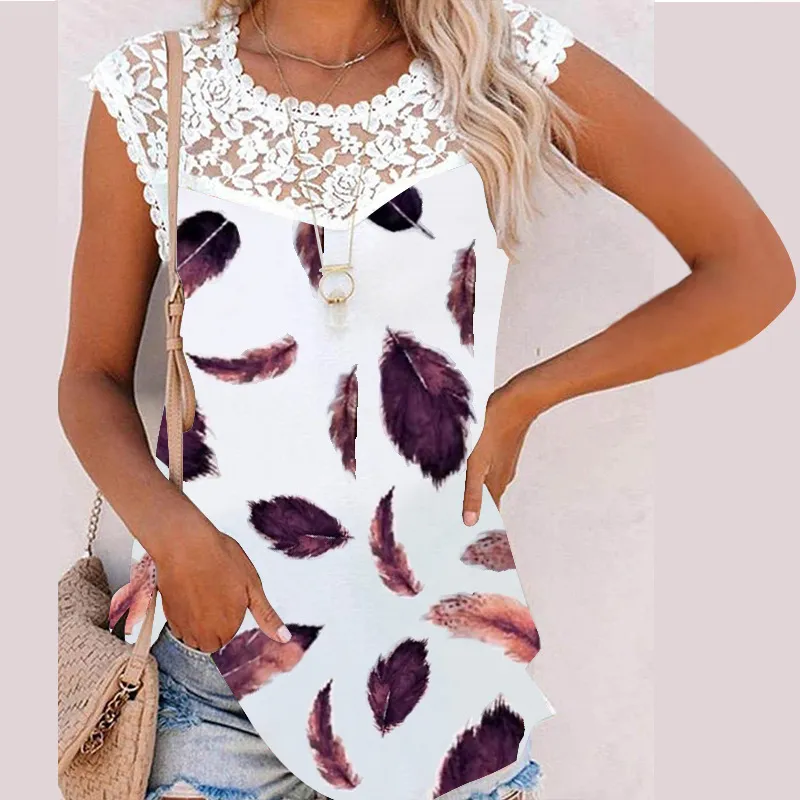 2022 Summer New Women Sleeveless Floral Printed Tank Top Casual Loose Temperament Sexy Lace O-Neck Patchwork T-Shirt Vest Female