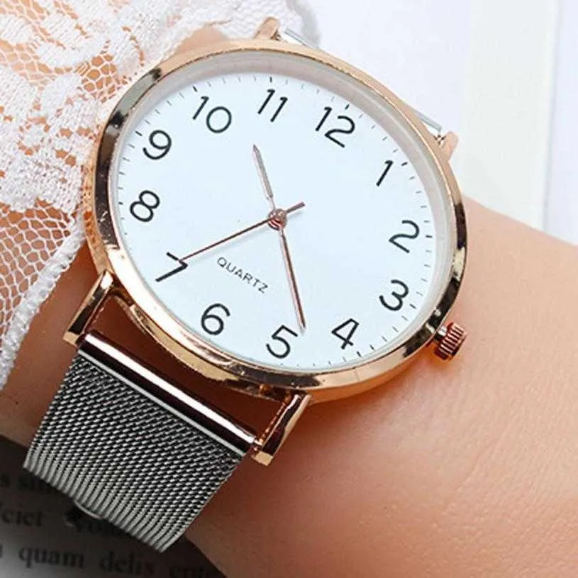 Moda donna orologio in acciaio al quarzo in acciaio in acciaio maglia semplice numero di arabi orologi da studente orologio da donna