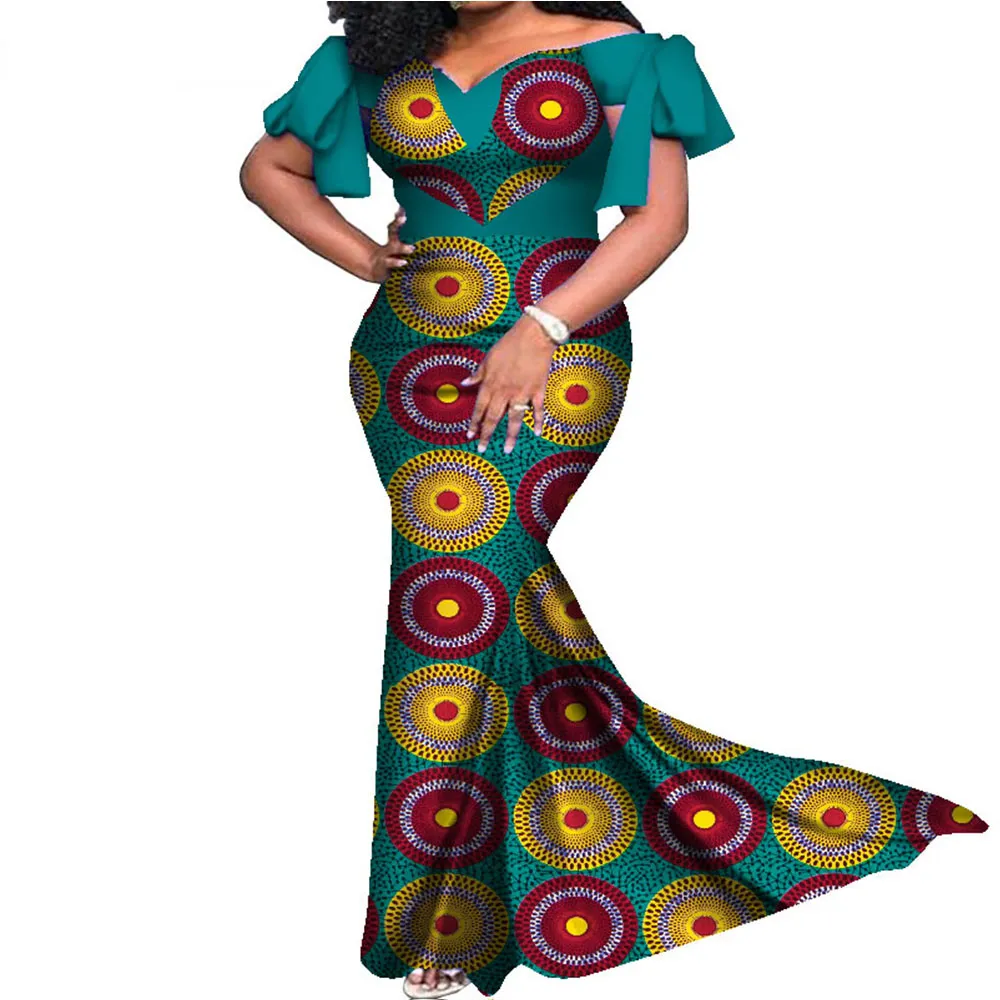 BintaRealWax African Women Wedding Clothing with Heart Shape Slash Neck Dress Fashion Lady Elegant Wax Print Cotton Dresses WY7965