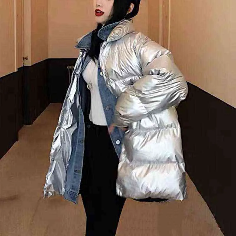 Vestes brillantes argentées en denim patchwork femmes hiver manches longues lâches épaisses chaudes femelles décontractées pardecores 2022 couches de mode l220730