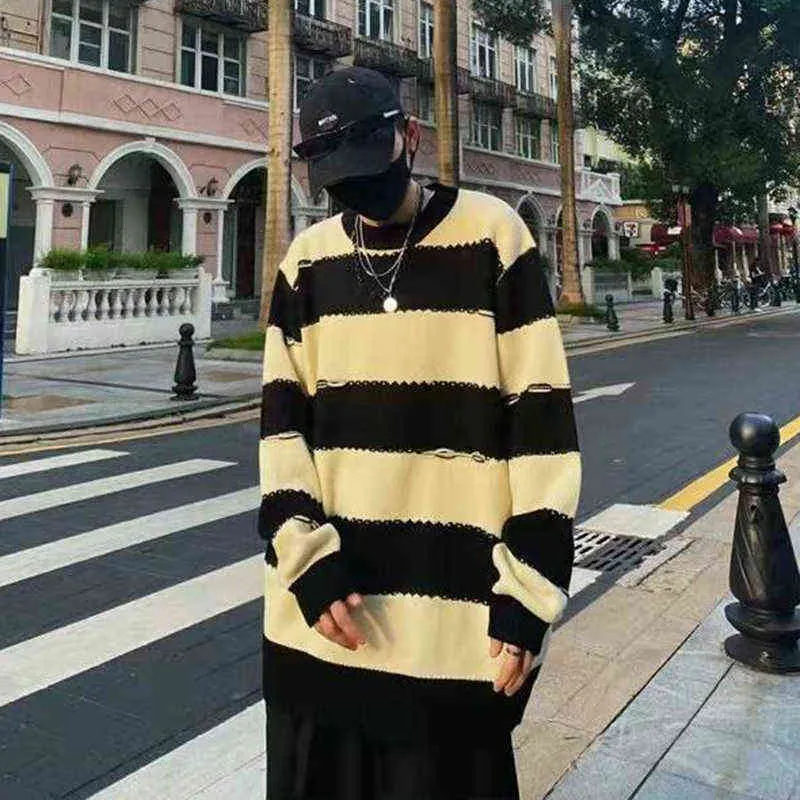 Retro Color Block Striped Crew Neck Pullover Mens Sweaters Harajuku Japanese Spliced High Street Oversize Casual Sweater Couple T220730