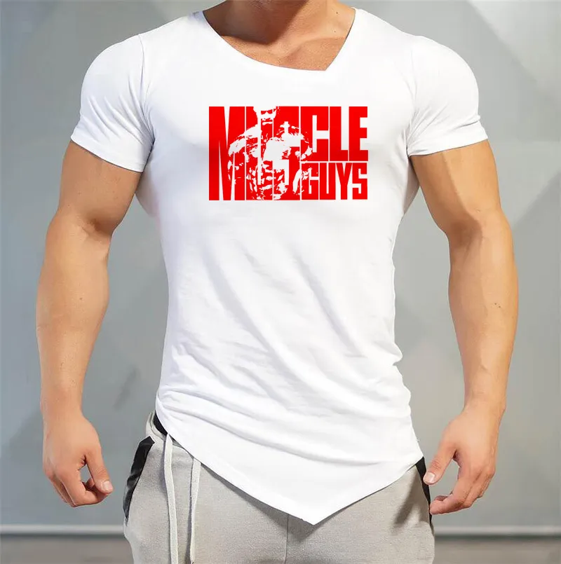 Muscleguys Brand Letters Print Mens Tshirts Fitness Gyms Clothing Workout v Neck Tshirt Cotton Bodybuilding T Shirt Men 220621