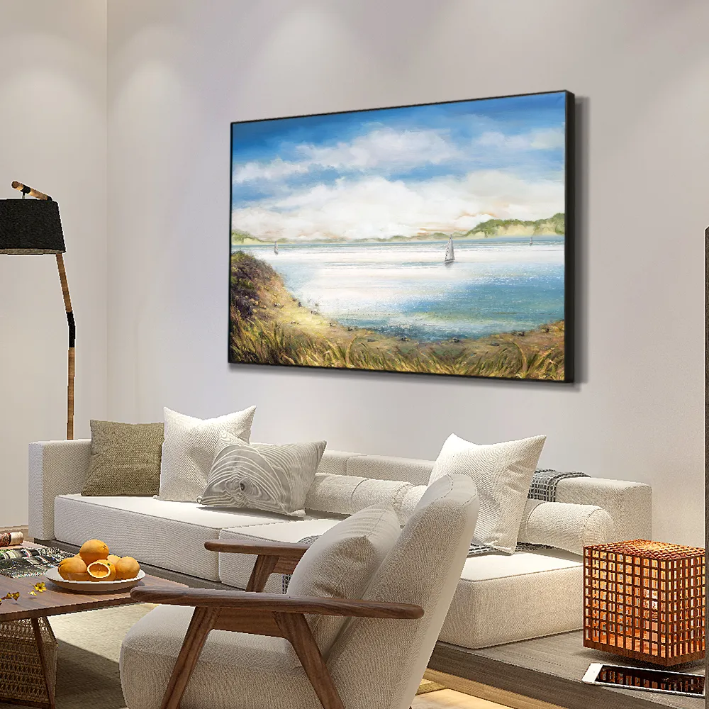 海のキャンバスの抽象白いヨット絵画ノルディック風景ポスターとリビングルームの家の装飾のための印刷壁アート画像