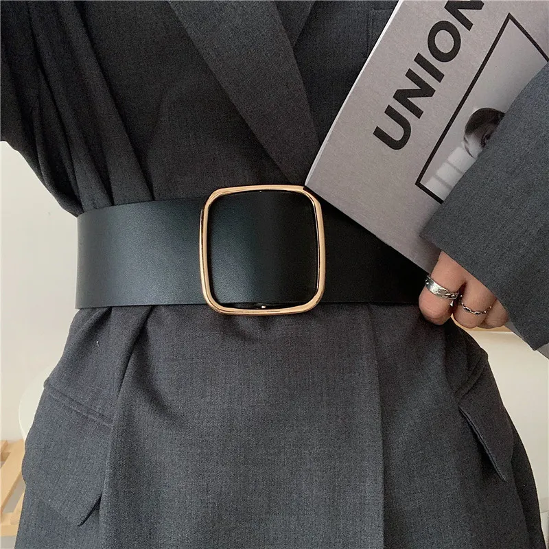 Women s Fashion Black Wide Belt Square Buckle Nonporous Imitation leather Waist Strap Decorative Coat Dress Simple Waistband 220712