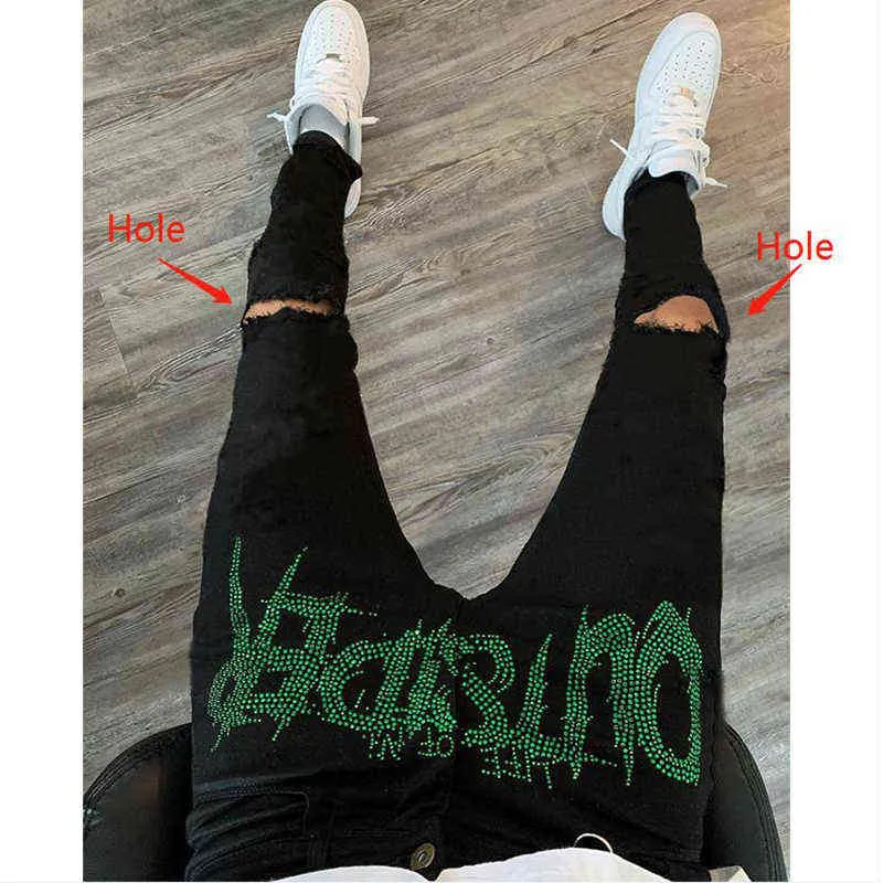 Calça de cowboy de jeans de moda preta masculina rua quente broca quente destruída slim slim slim rhinestones punk calças jeans