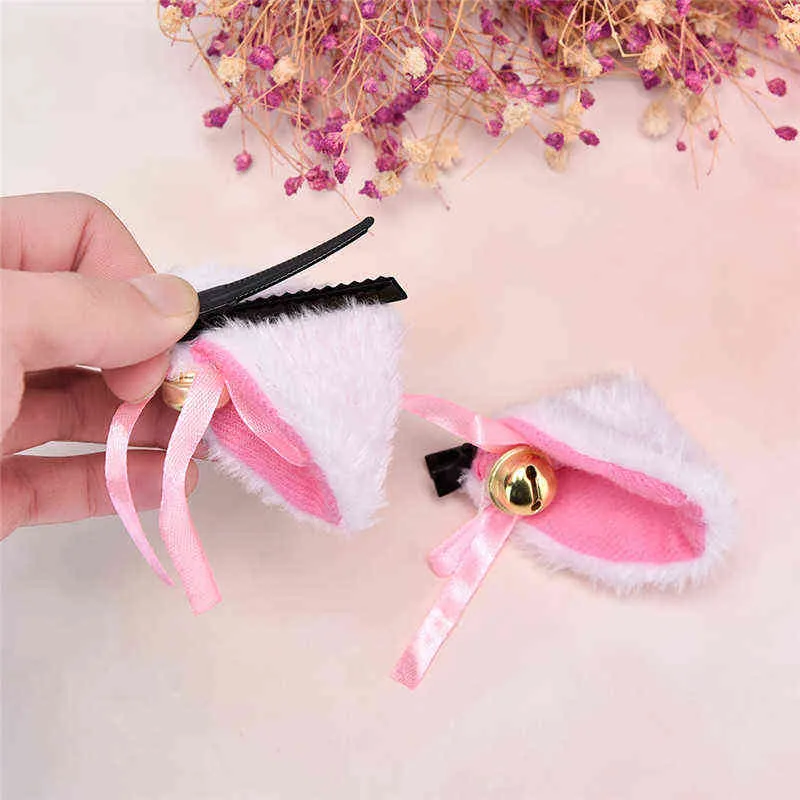 2 piècesoreilles de chat blanc noir avec cloche pince à cheveux Cosplay fête renard longue fourrure Costume pince à cheveux Halloween cadeau accessoire de cheveux AA220323