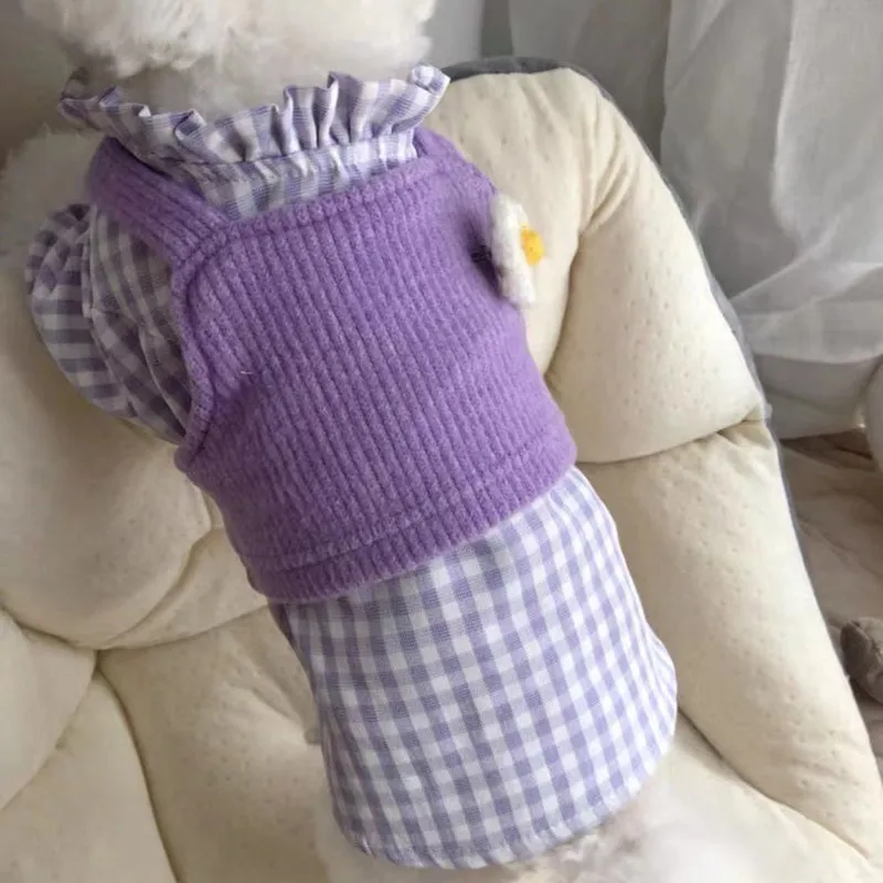 Hundkläder koreansk version lila tröja Vest Teddy Bi Bear Plaid skjorta vår sommarhöst och vinter