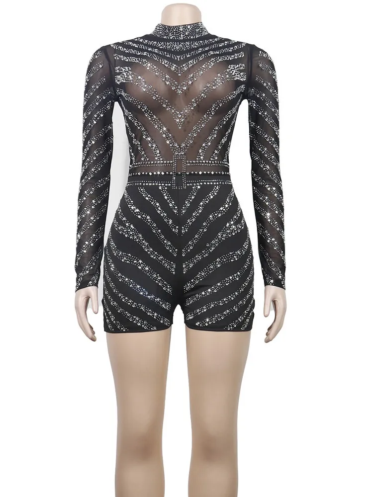 Beyprern Sparkle Black Silver Sheer Purpsecuits Summer Glam с длинным рукавом сетка Crystal Romper Nightclub наряды клуб 220813