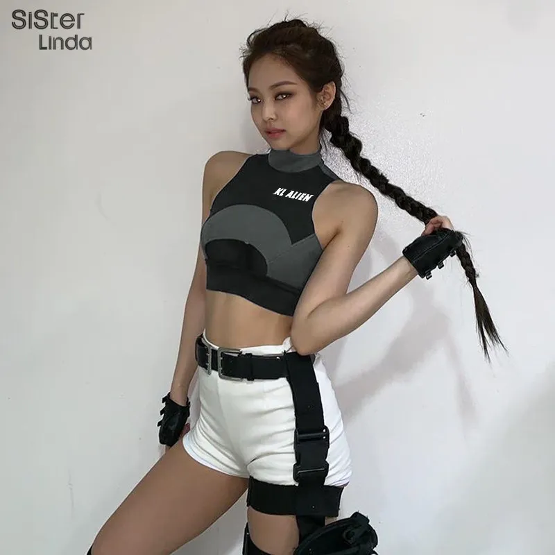 Sisterlinda Sexy Hollow Out Fitness Tank Top Bra Tees Fall Neeveless Patchwork Turtleneck Cropped Letter Print Sportswear 220521