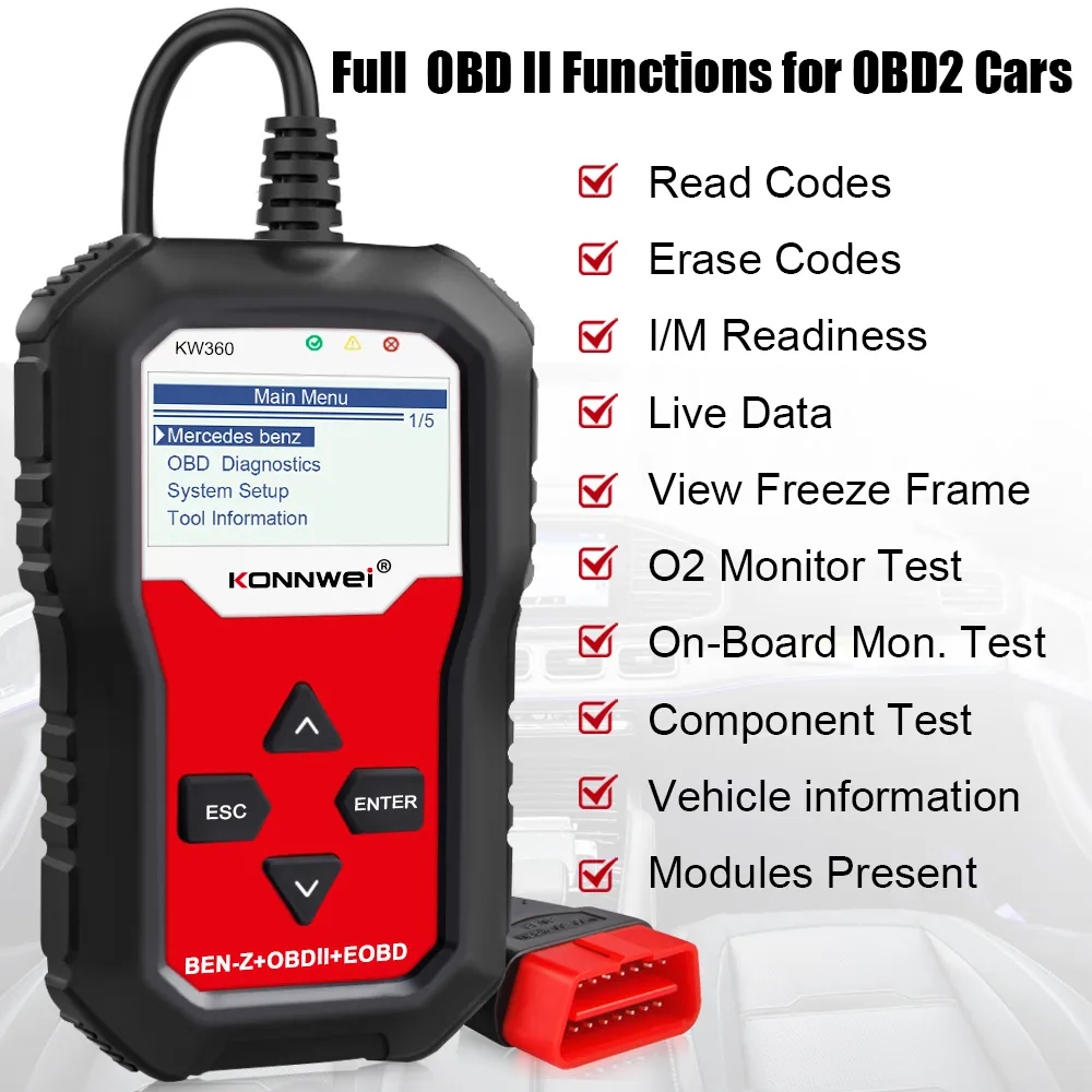 Nouveau KONNWEI KW360 Obd2 Scanner de voiture Obd 2 Outils de diagnostic pour Mercedes-Benz Systèmes complets Outil de diagnostic ABS Airbag ABS Réinitialisation de l'huile Expédition rapide