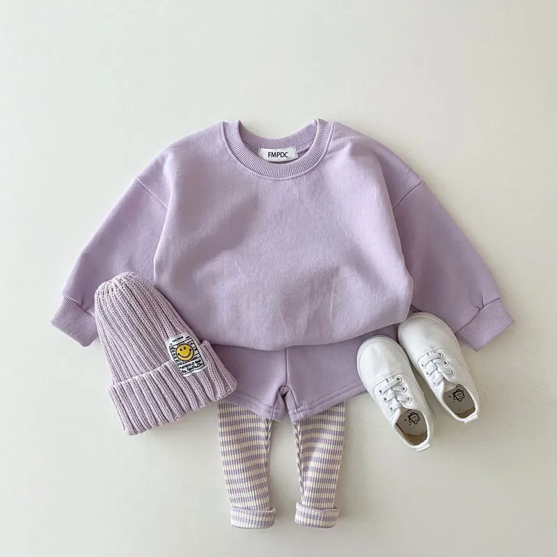 Kore Bebek Pamuk Kintting Giyim Setleri Çocuklar Erkek Kız Kıyafet İlkbahar Sonbahar Teenage Bebek Eşofman Kazaklar Tops + Pantolon 2 adet 220326