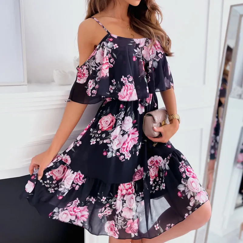 Floral imprimé Boho plage robe en mousseline de soie femme dos nu Sexy femmes été à volants hors épaule décontracté élégant Mini robes 220516