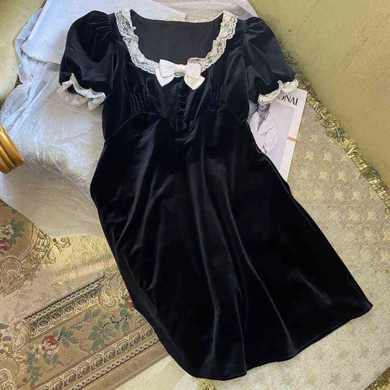 Robe de printemps en velours noir à manches bulles, fine, élégante, haut de gamme, jupe moyenne et longue