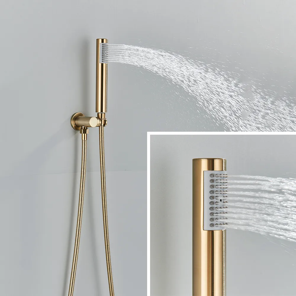 Gold de oro cepillado grifo de ducha oculto latón montado en la pared 8 '' 10 '' 12 '' Toque de cabezal de ducha con bañera de rotación