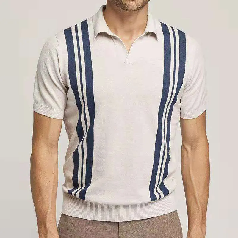 Polo Vintage para hombre, estampado de rayas, tejido de retazos, jersey de solapa informal, moda de verano, manga corta, ajustado, 220419