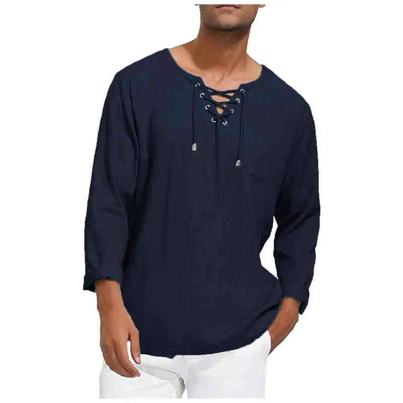 New Men's Loose Shirts Tee Long Sleeve Cotton Henley Tee Shirt Medieval Lace Up O Neck Outdoor Tops Fashion Brand Casual Blouse Y220426