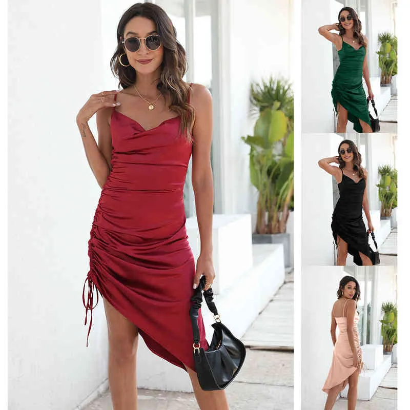 Vrouw sexy v-neck solide spaghetti riem midi truitstring satijnen huid strakke jurk dame's mouwloze elegante bodycon geplooide jurken y220526