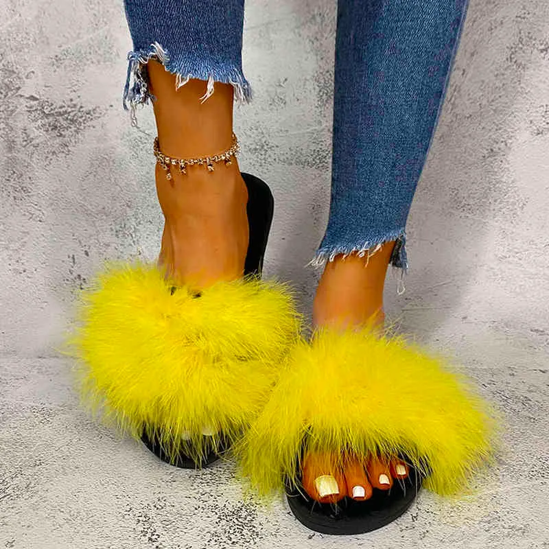 Pantoufles d'été femme fourrure maison chaussures 2022 diapositives antidérapantes mode femme chaussures décontractées tongs plates femmes sandales pantoufle Y220412