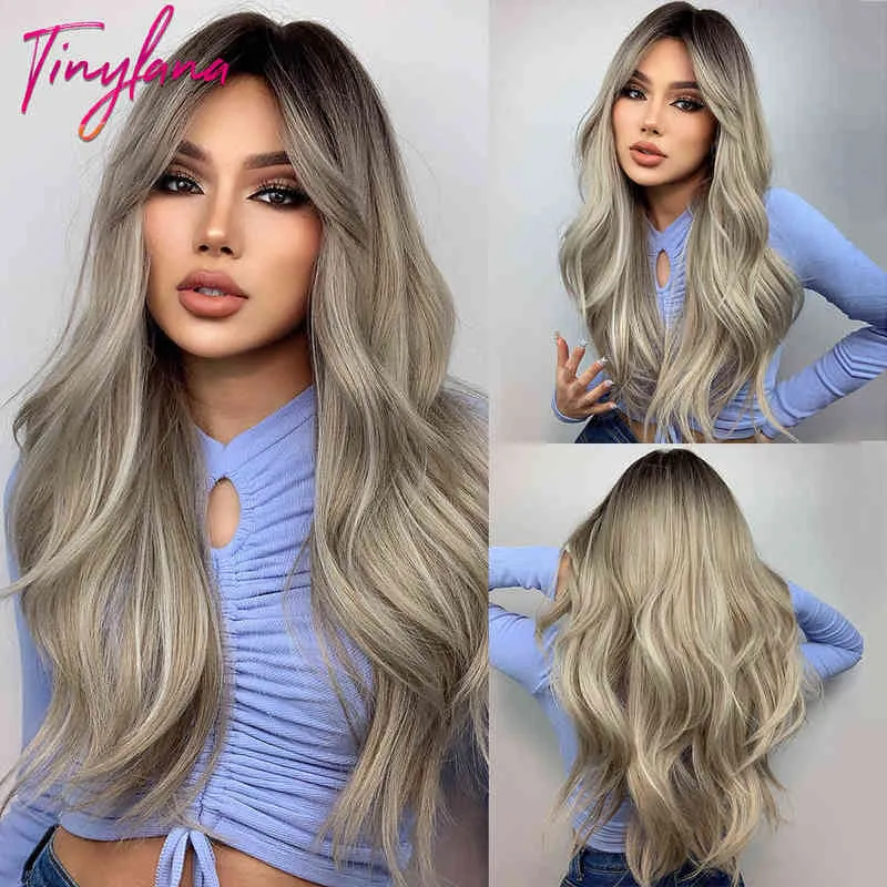 Perruque synthétique longue ondulée pour femme avec frange latérale Ombre Gris Brun Blonde Perruques Cosplay Quotidien Cheveux Naturels Résistant À La Chaleur