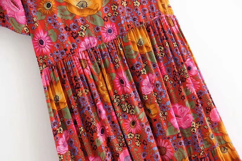 Happie queens vrouwen diepe v-hals knop rood bloemen print strand bohemian maxi jurk dames rayon zomer boho sundress vestidos 220406