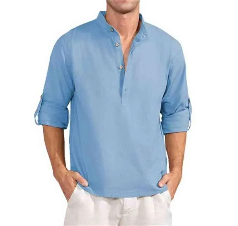 2022 nouveaux hommes chemisier décontracté coton lin chemise hauts amples à manches longues t-shirt printemps été mode pull hommes t-shirts L220704