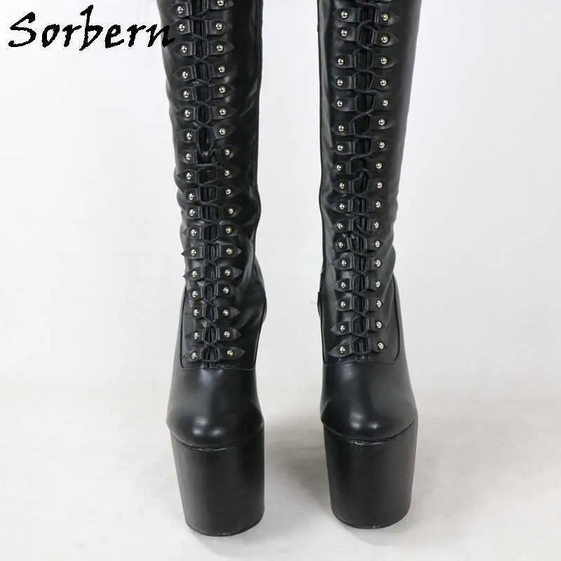 Sorbern 20Cm Slim Heels Wedges Boots Mid Thigh High Over The Knee Platform Custom Slim Fit Legs Lace Up Boot Female Drag Queen