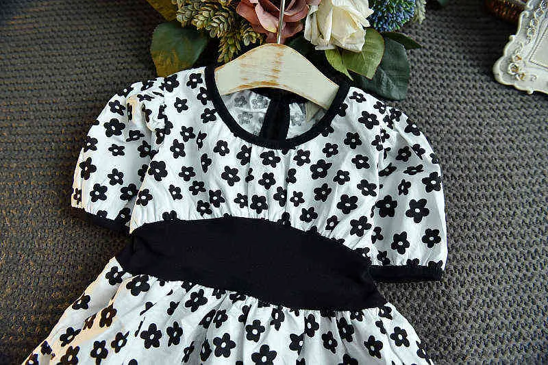 Girls Summer Suit New Baby Girl Sunflower Short-sleeved Waist Princess Dresses Baby Children Chiffon Bow Plaid Dress Casual Out G220428