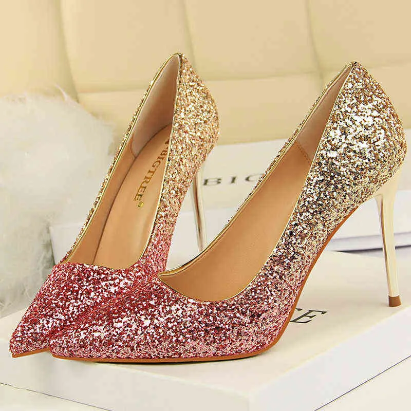 2022 Sexiga kvinnor Glitter 9,5 cm höga klackar stripper pumpar Scarpins Tacones bling Gold Pink Heels Wedding Bridal Prom Wedding Shoes G220516