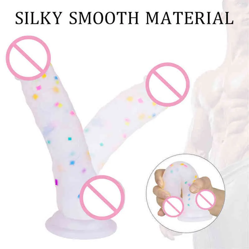 NXY Dildos Dongs透明ゼリーシミュレーションクリスタルレインボーシリコーンセックスおもちゃ女性リアルなサクションカップペニスアナルプラグ220420