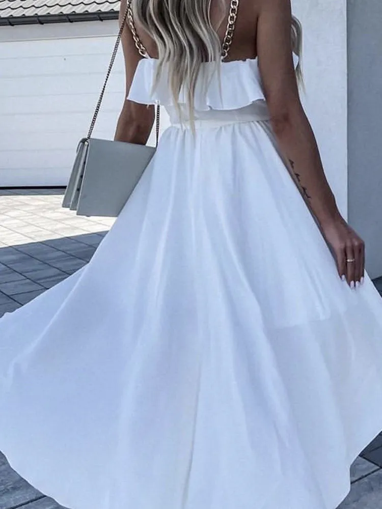 Elegant kedja hängande hals oregelbunden halter klänning kvinnor elegant ruffle bunden mid klänning sommar mode plikt solid fest strandklänning