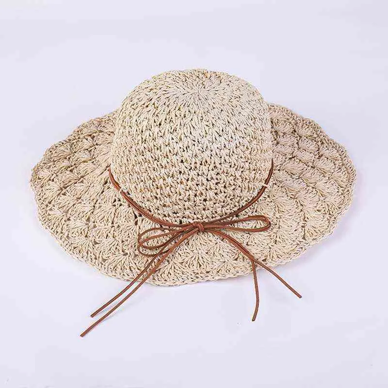 夏の女性わらのビーチの帽子大きい折り目の折りたたみ太陽の帽子手作りかぎ針編みの太陽の保護帽子女性G220301