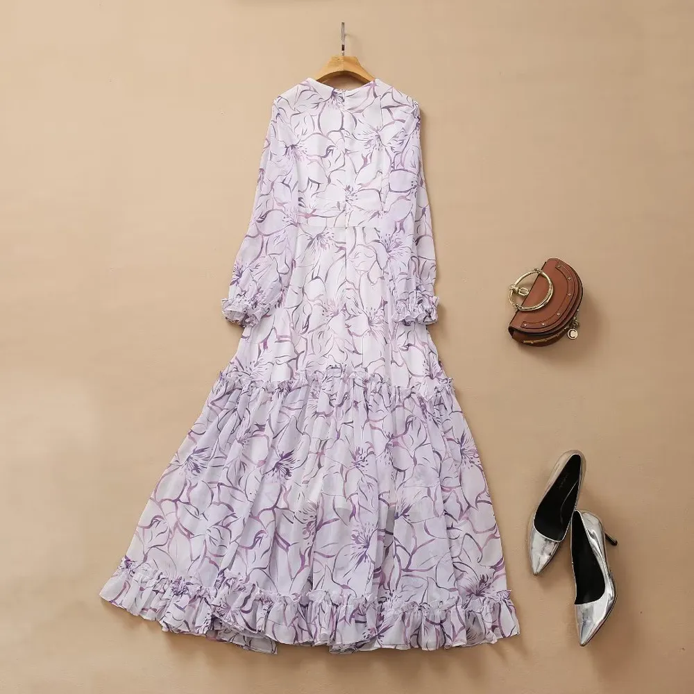 2022 Fall Autumn Long Sleeve Round Neck Lavender Chiffon Print Panelled Long Maxi Dress Elegant Casual Dresses 22G032345 Plus Size XXL