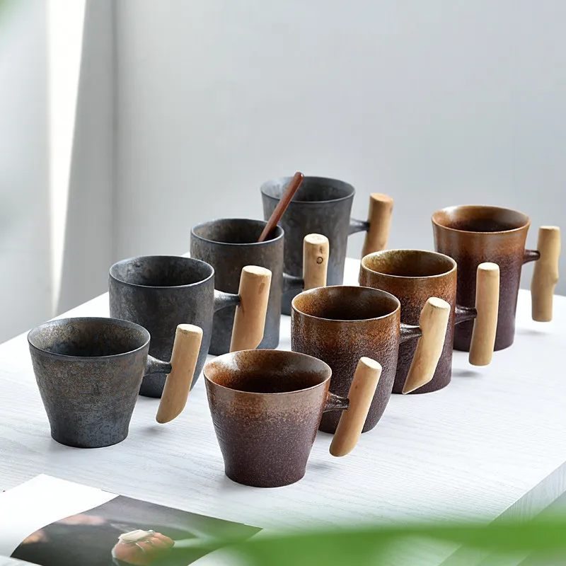 Taza de café de cerámica de estilo japonés, vaso con esmalte de óxido, té, leche, cerveza con mango de madera, taza de agua, vajilla para el hogar y la oficina 220809