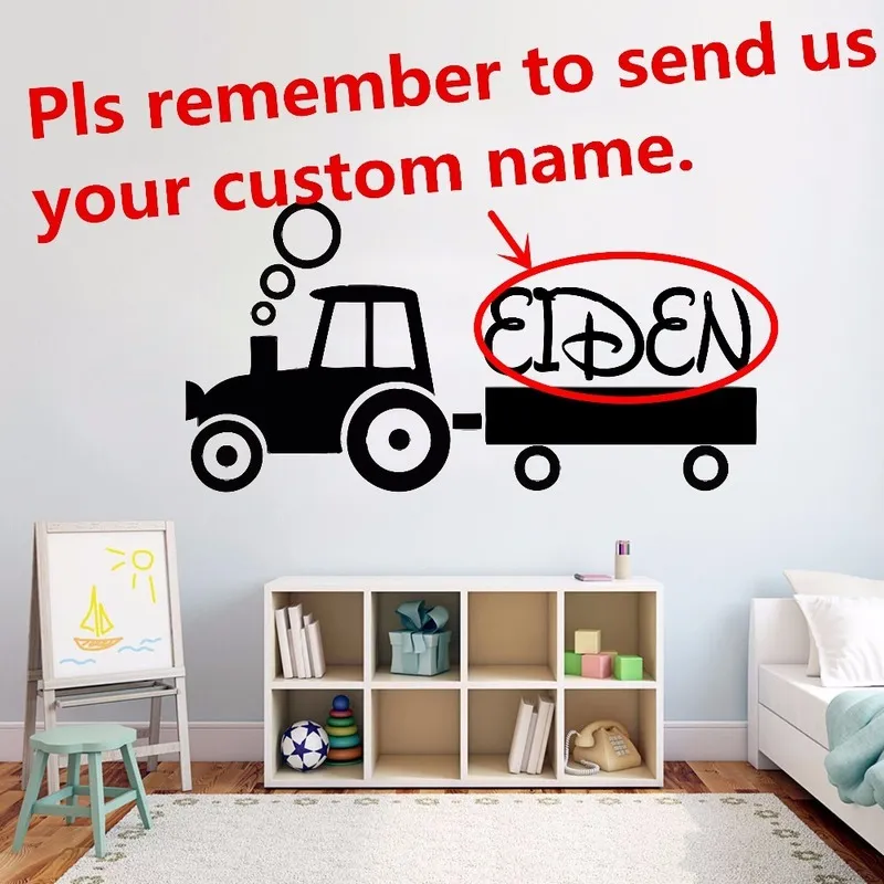 Benutzerdefinierter Namensaufkleber, kreative Dekoration für Kinderzimmer, Traktor-Muster, Vinyl-Wandkunst-Aufkleber, Geschenk AZ430 220621