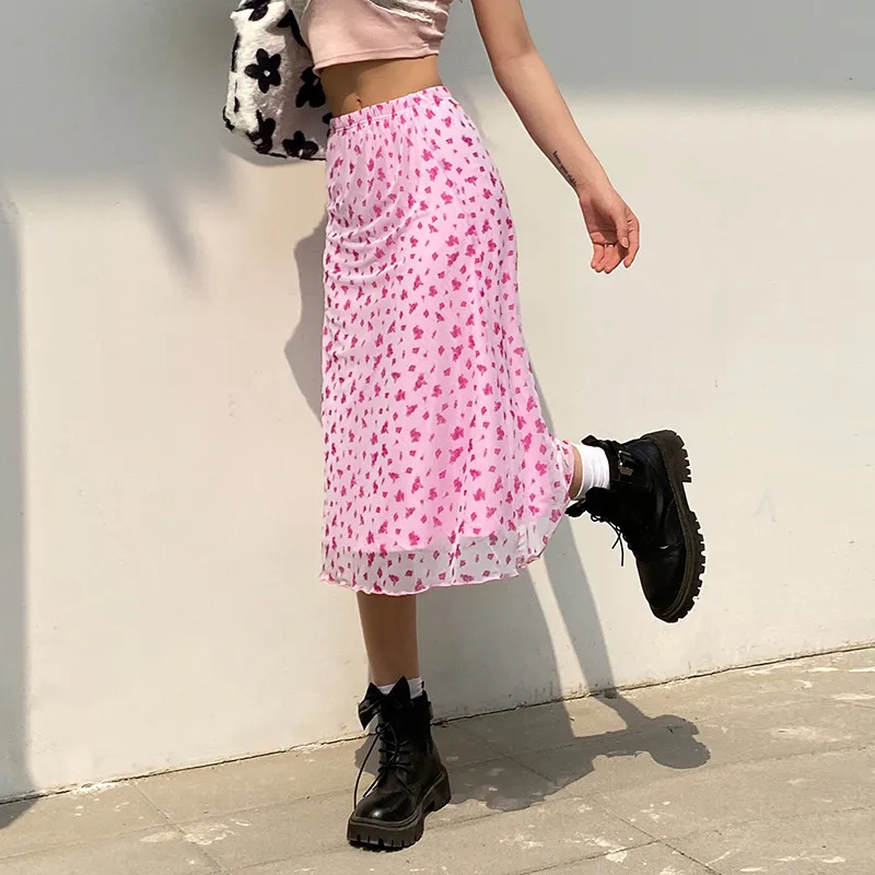 グランジフェアコアミディスカートピンクフローラルプリントメッシュスカート女性ソフトガール美学Y2K衣装220521