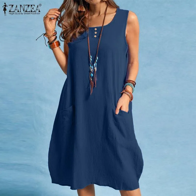 Vintage Solid Summer Dress Donna Beach Sundress ZANZEA Casual senza maniche Lunghezza al ginocchio Abiti Donna Button Robe 220521