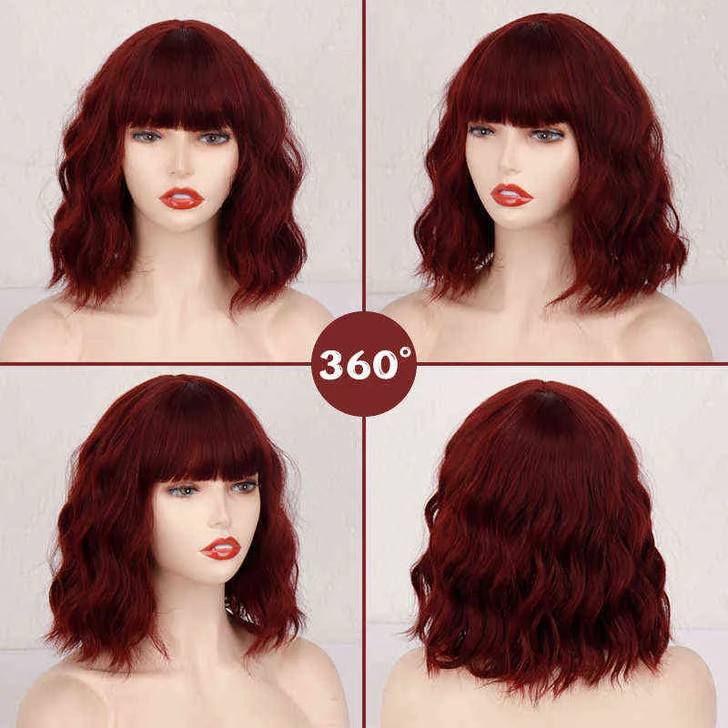 Short Bob Synthetic Wigs for Women Wavy with Bangs Wine Red Heat Resistant Fiber Cosplay Hair 220622