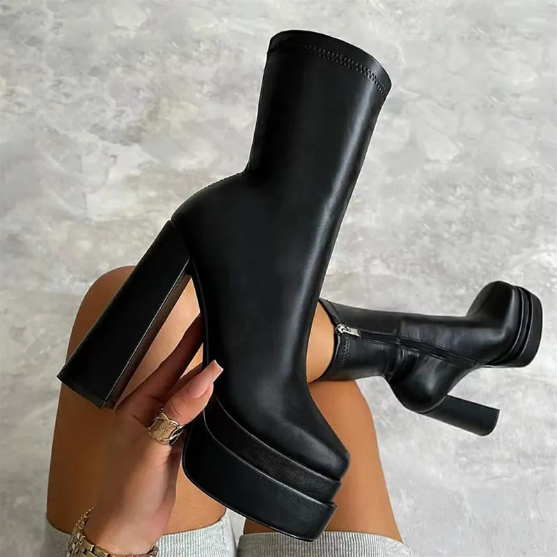 High Heel Woman Boots Winter Devil Punk Platform Shoes Plus Size Head Side Zipper Fashion Solid Low 220813