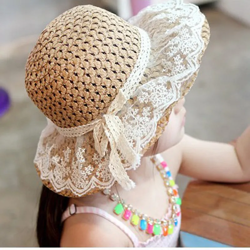 ParentChild Summer Summens Sun Hat Bucket Cap Beige Lace Bowknot Flower