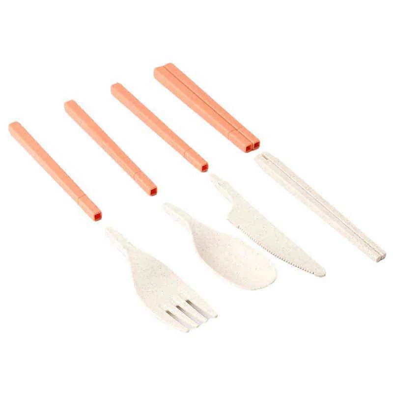 4stWheat Straw Cutrow Spoon Fork Chopsticks Foldbara Safe Table Seary With Box Servis Portable Kitchen Accessories Y220530